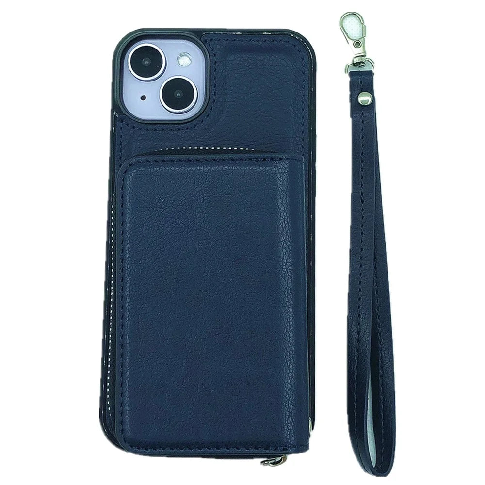 For iPhone 15 Case Detachable Zipper Card Bag PU+TPU Kickstand Phone Case with Strap - Sapphire - 1