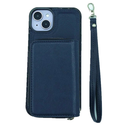 For iPhone 15 Case Detachable Zipper Card Bag PU+TPU Kickstand Phone Case with Strap - Sapphire - 1