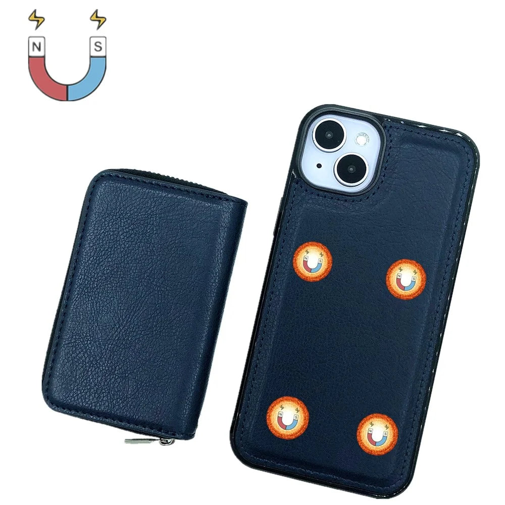 For iPhone 15 Case Detachable Zipper Card Bag PU+TPU Kickstand Phone Case with Strap - Sapphire - 4