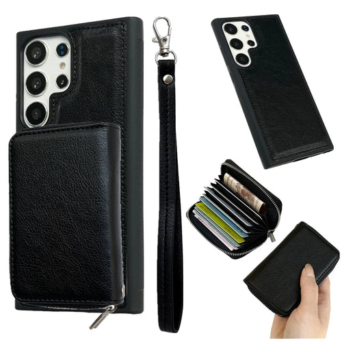 For Samsung Galaxy S24 Ultra Case Detachable Zipper Card Bag PU+TPU Kickstand Phone Case with Strap - Black - 1