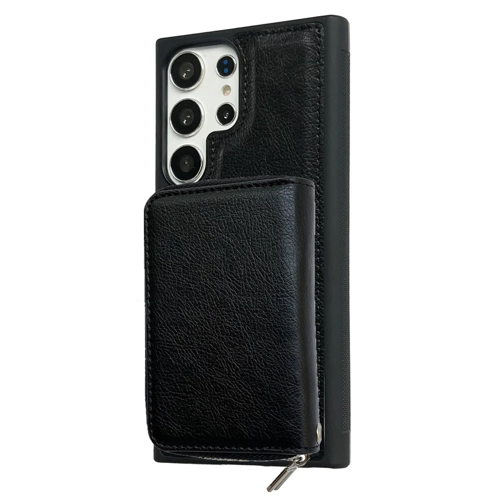 For Samsung Galaxy S24 Ultra Case Detachable Zipper Card Bag PU+TPU Kickstand Phone Case with Strap - Black - 3