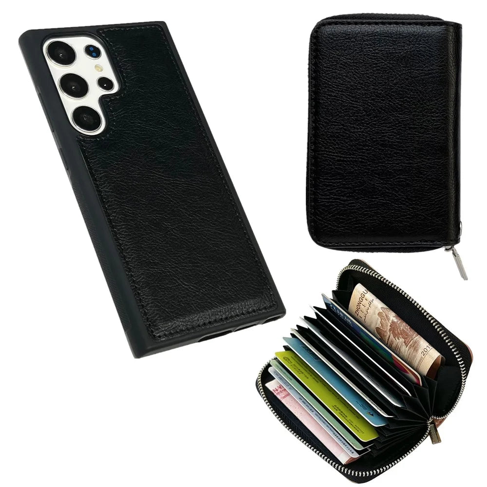 For Samsung Galaxy S24 Ultra Case Detachable Zipper Card Bag PU+TPU Kickstand Phone Case with Strap - Black - 4