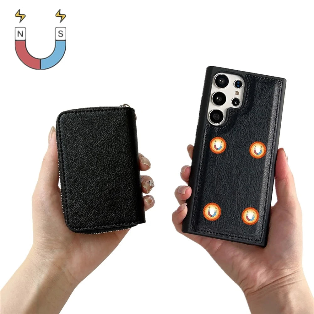 For Samsung Galaxy S24 Ultra Case Detachable Zipper Card Bag PU+TPU Kickstand Phone Case with Strap - Black - 5