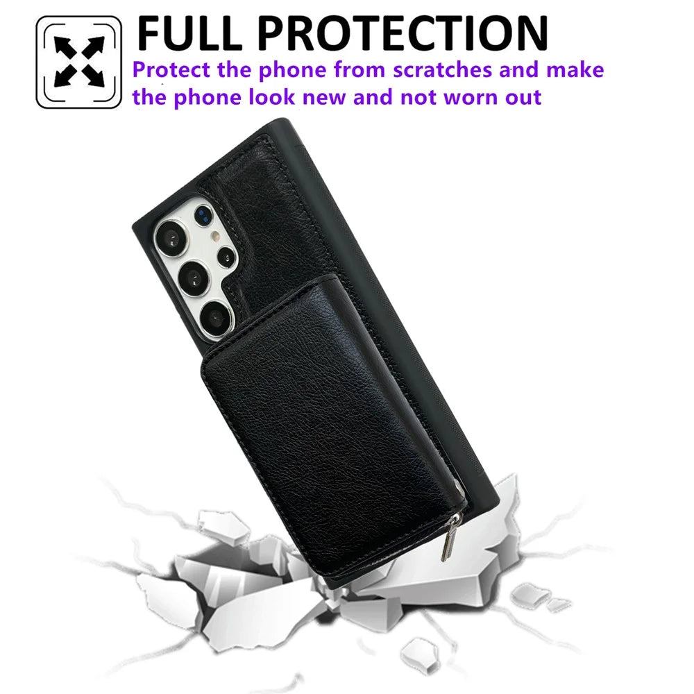For Samsung Galaxy S24 Ultra Case Detachable Zipper Card Bag PU+TPU Kickstand Phone Case with Strap - Black - 6