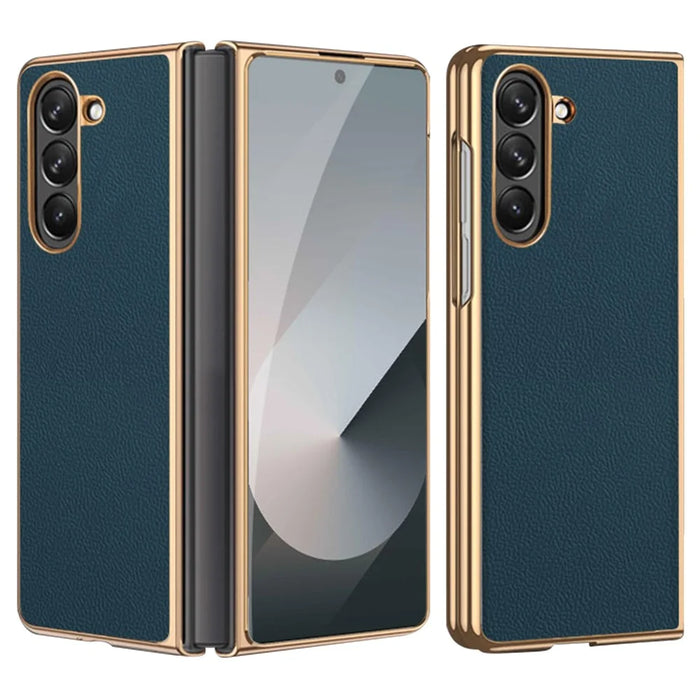 For Samsung Galaxy Z Fold6 5G Case Electroplating Frame PU Leather+PC Phone Cover - Dark Green - 1