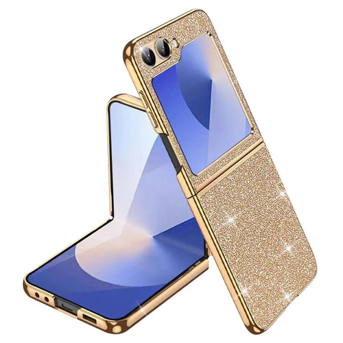 For Samsung Galaxy Z Flip7 FE 5G / Z Flip6 5G Case Leather+PC Electroplating Glitter Phone Cover - Gold - 1