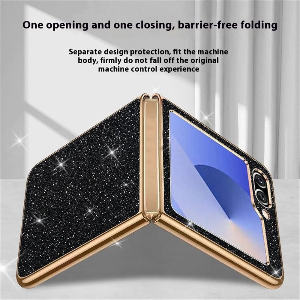 For Samsung Galaxy Z Flip7 FE 5G / Z Flip6 5G Case Leather+PC Electroplating Glitter Phone Cover - Gold - 3