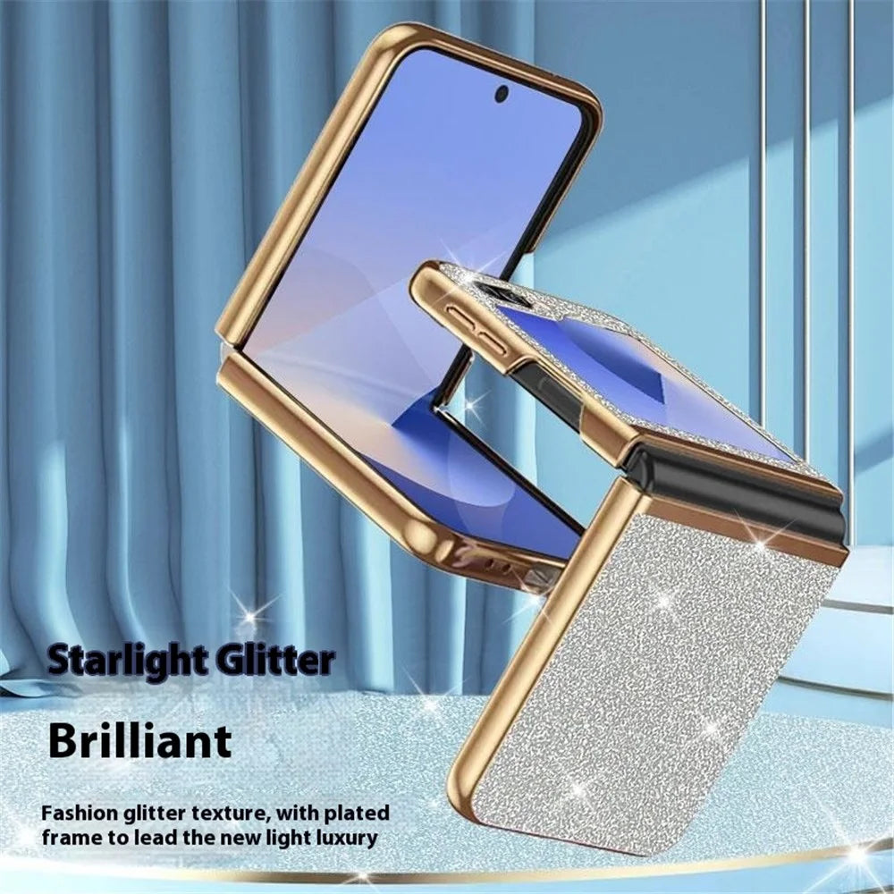 For Samsung Galaxy Z Flip7 FE 5G / Z Flip6 5G Case Leather+PC Electroplating Glitter Phone Cover - Gold - 4
