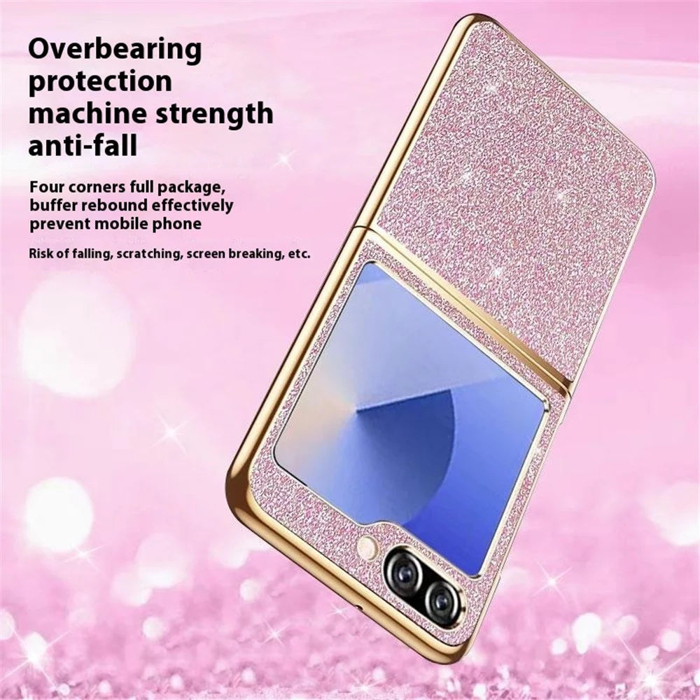 For Samsung Galaxy Z Flip7 FE 5G / Z Flip6 5G Case Leather+PC Electroplating Glitter Phone Cover - Gold - 5