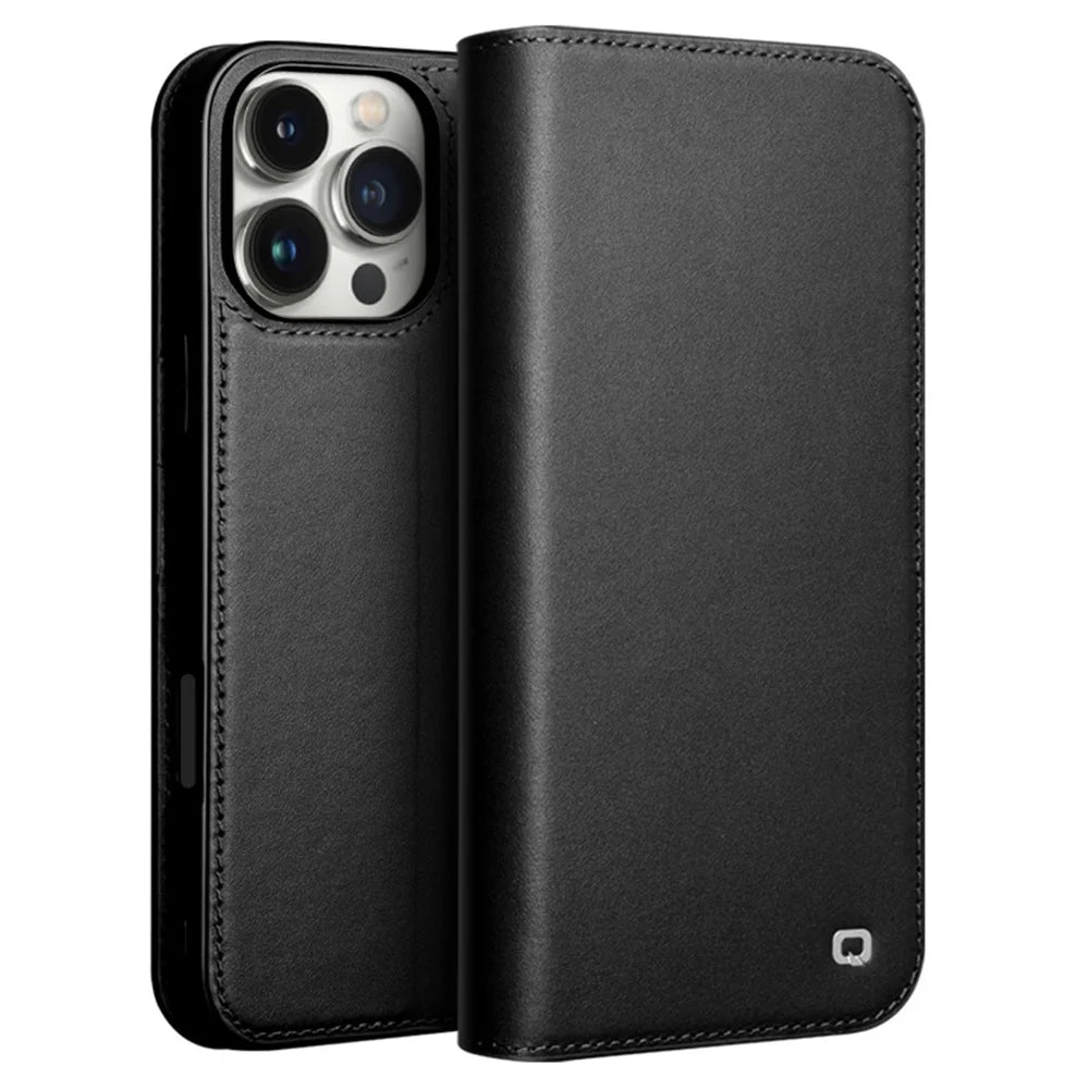 QIALINO For iPhone 16 Pro Max Wallet Case Stand Genuine Cow Leather Flip Phone Cover - Black - 1