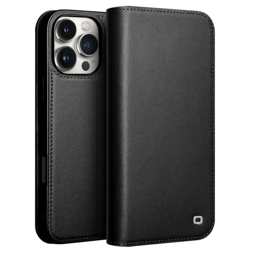 QIALINO For iPhone 16 Pro Max Wallet Case Stand Genuine Cow Leather Flip Phone Cover - Black - 1