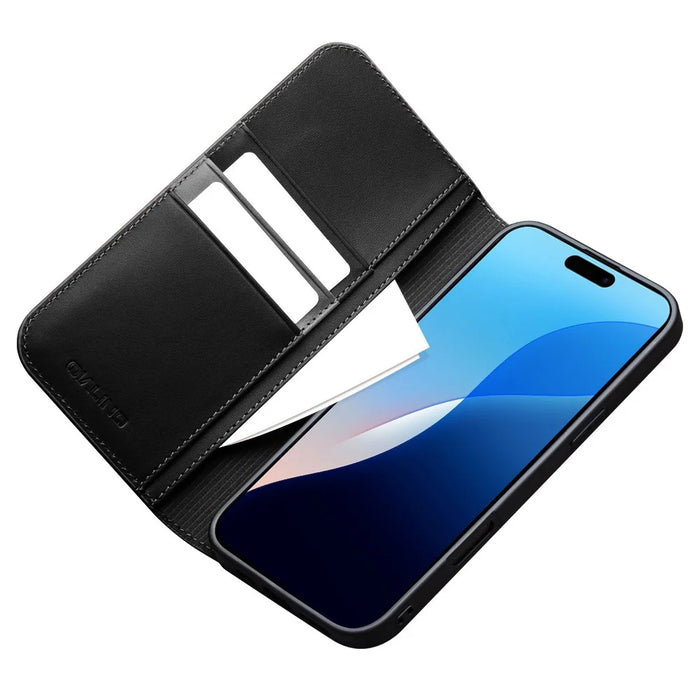QIALINO For iPhone 16 Pro Max Wallet Case Stand Genuine Cow Leather Flip Phone Cover - Black - 3