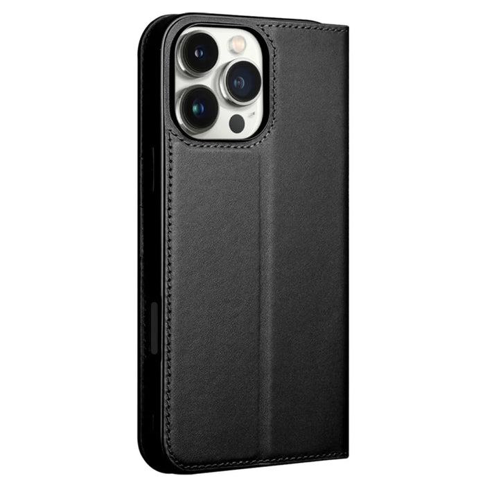 QIALINO For iPhone 16 Pro Max Wallet Case Stand Genuine Cow Leather Flip Phone Cover - Black - 4