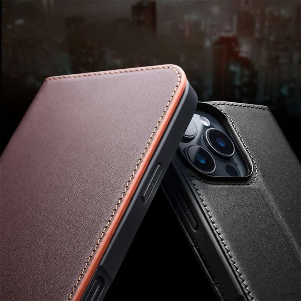 QIALINO For iPhone 16 Pro Max Wallet Case Stand Genuine Cow Leather Flip Phone Cover - Black - 6