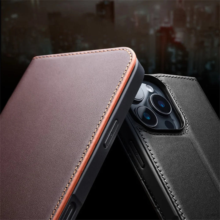 QIALINO For iPhone 16 Pro Max Wallet Case Stand Genuine Cow Leather Flip Phone Cover - Black - 6