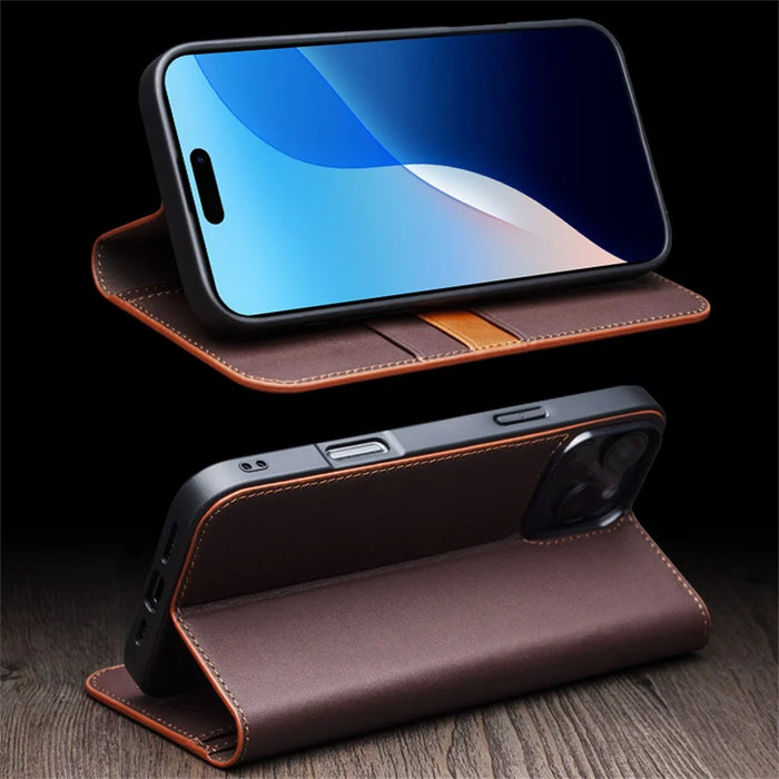 QIALINO For iPhone 16 Pro Max Wallet Case Stand Genuine Cow Leather Flip Phone Cover - Black - 7