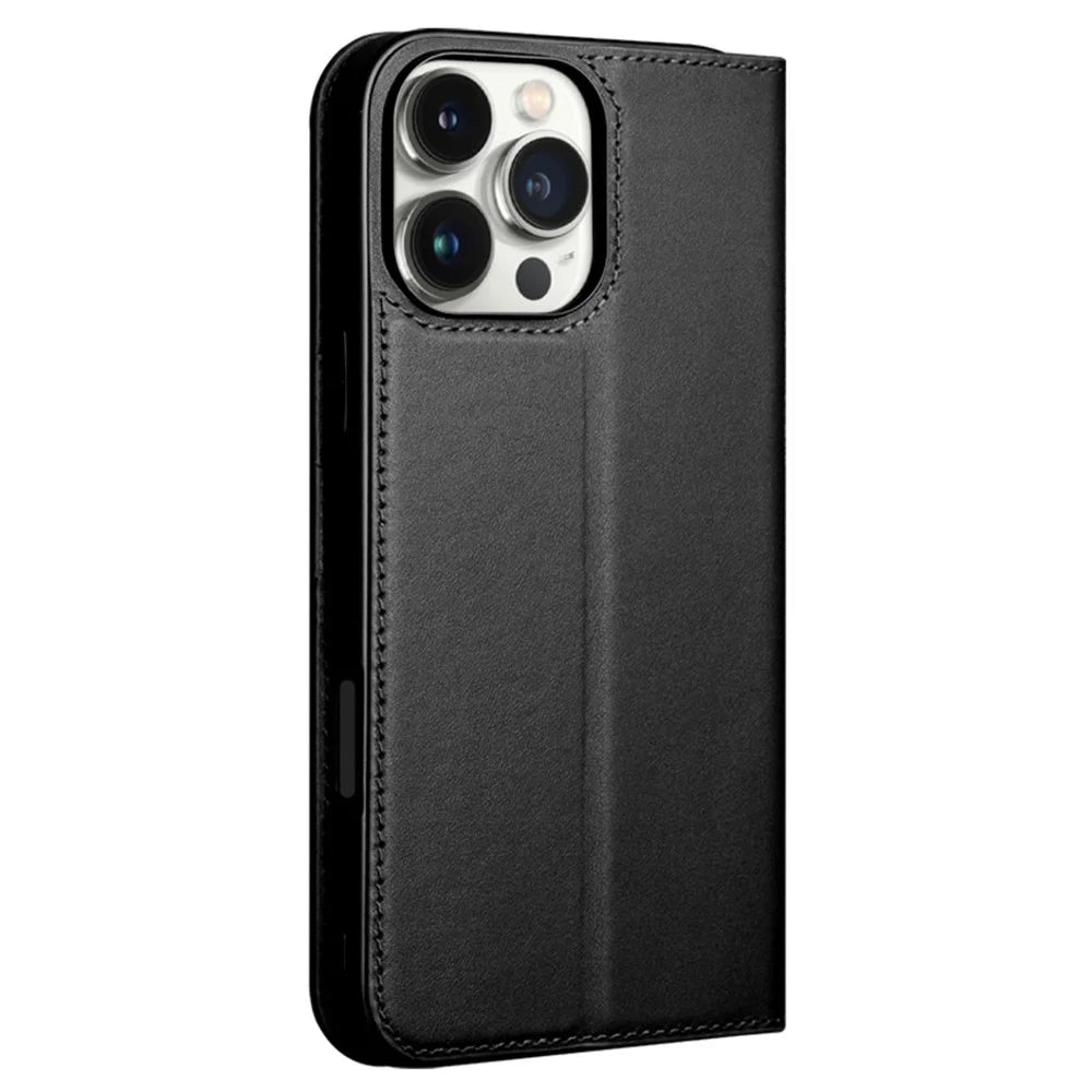 QIALINO For iPhone 16 Pro Wallet Case Stand Genuine Cow Leather Flip Phone Cover - Black - 4