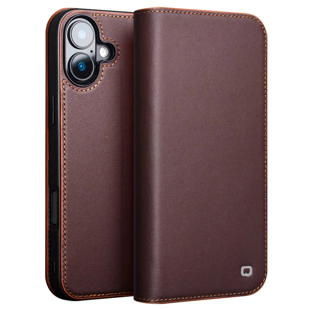 QIALINO For iPhone 16 Wallet Case Stand Genuine Cow Leather Flip Phone Cover - Brown - 1
