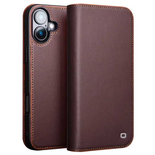 QIALINO For iPhone 16 Wallet Case Stand Genuine Cow Leather Flip Phone Cover - Brown - 1