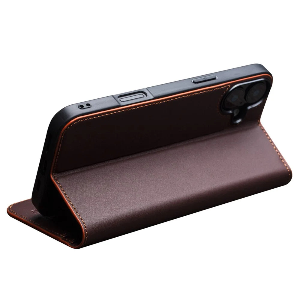 QIALINO For iPhone 16 Wallet Case Stand Genuine Cow Leather Flip Phone Cover - Brown - 2