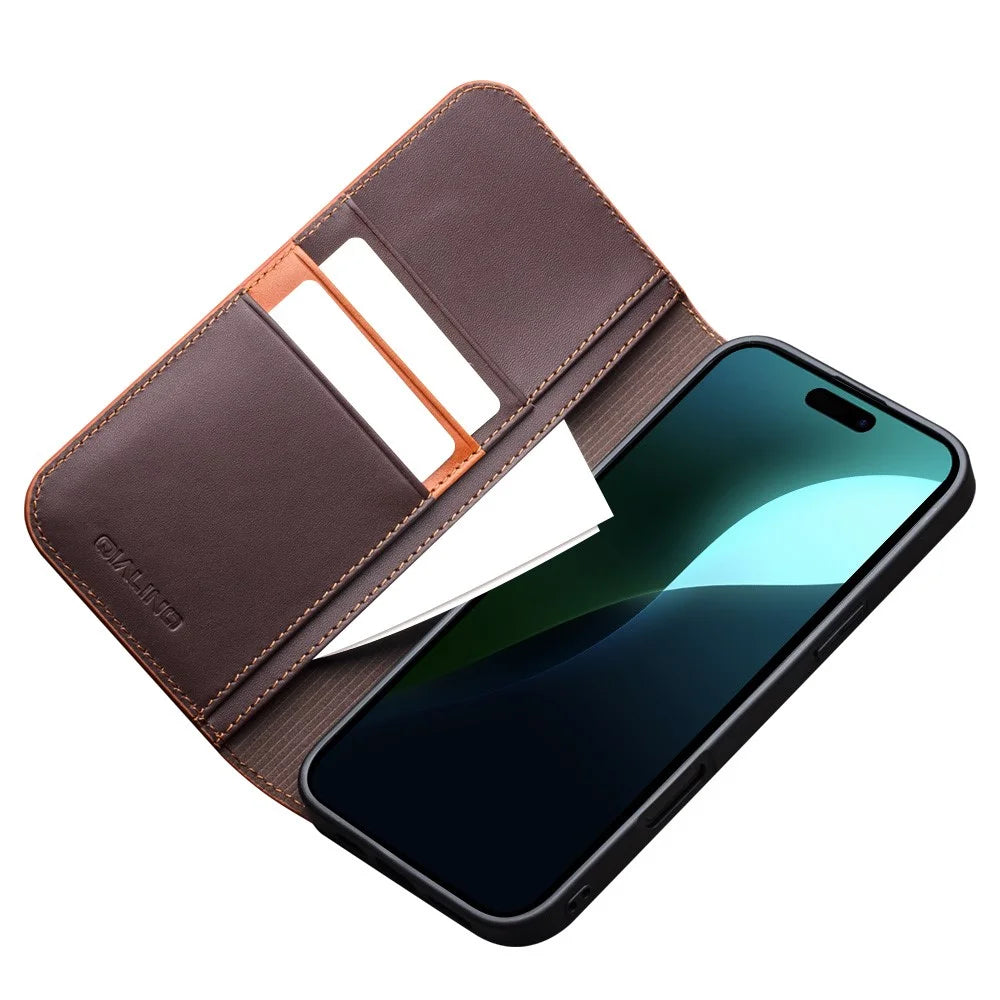 QIALINO For iPhone 16 Wallet Case Stand Genuine Cow Leather Flip Phone Cover - Brown - 3