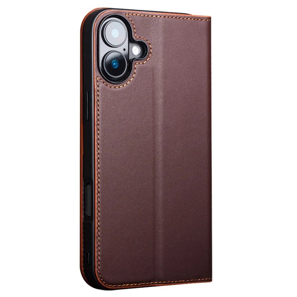 QIALINO For iPhone 16 Wallet Case Stand Genuine Cow Leather Flip Phone Cover - Brown - 4
