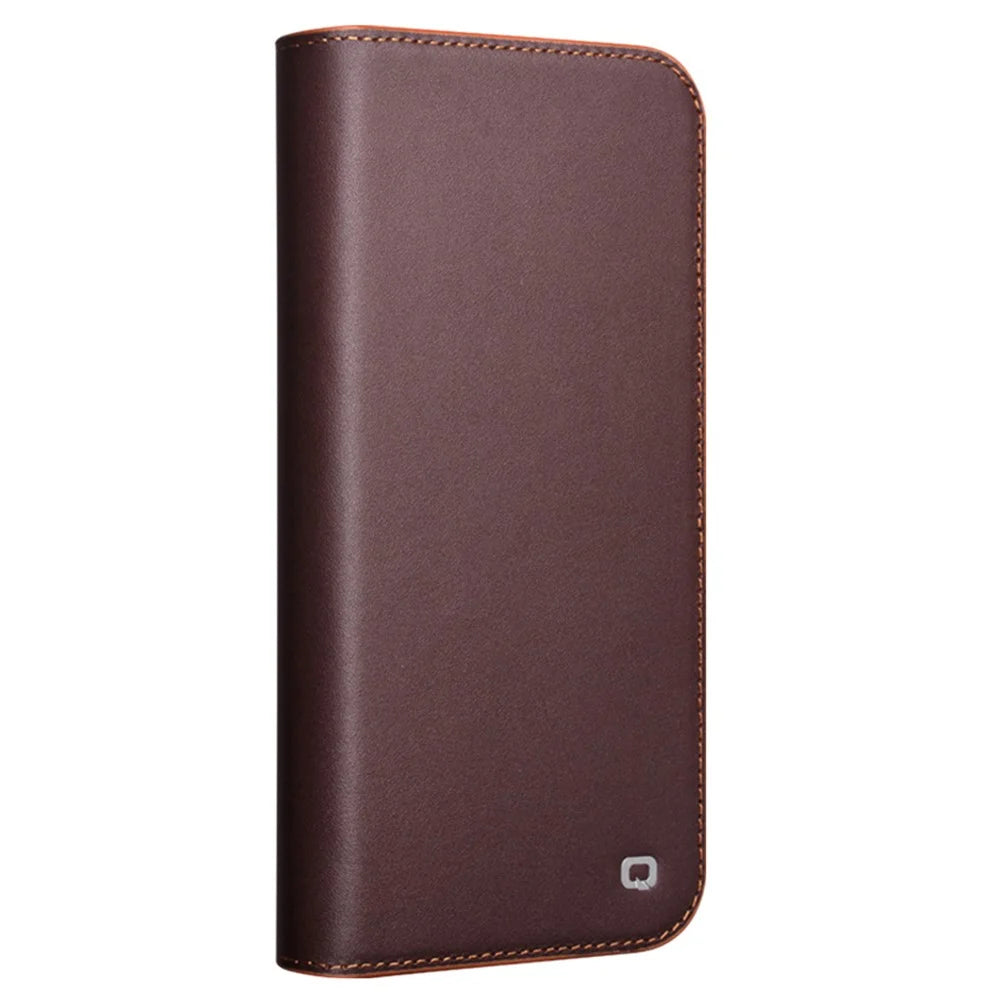 QIALINO For iPhone 16 Wallet Case Stand Genuine Cow Leather Flip Phone Cover - Brown - 5
