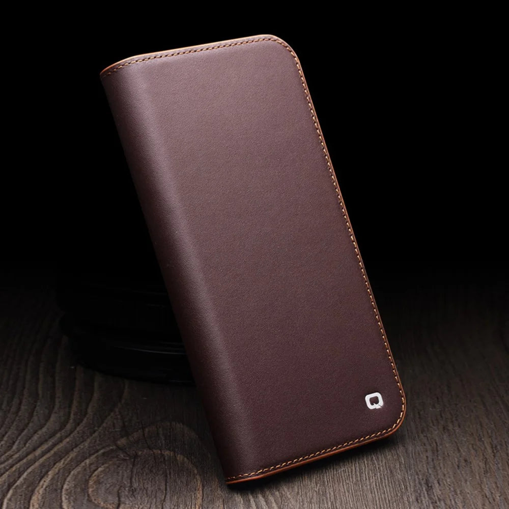 QIALINO For iPhone 16 Wallet Case Stand Genuine Cow Leather Flip Phone Cover - Brown - 6