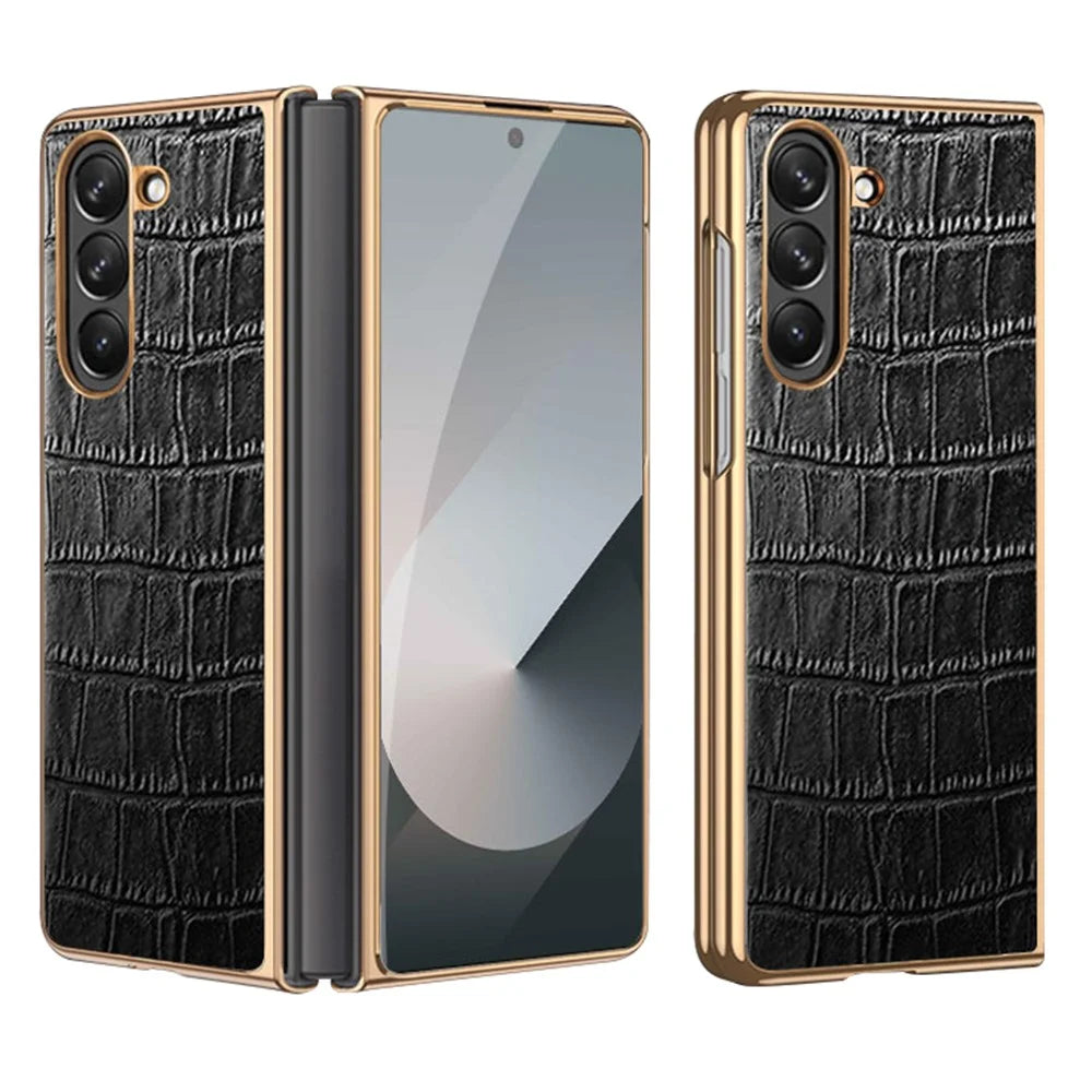 For Samsung Galaxy Z Fold6 5G Case Crocodile Texture Genuine Cow Leather+PC Phone Cover - Black - 1