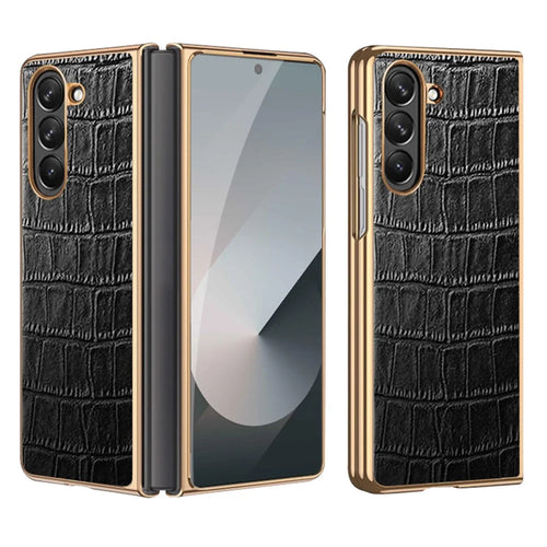 For Samsung Galaxy Z Fold6 5G Case Crocodile Texture Genuine Cow Leather+PC Phone Cover - Black - 1