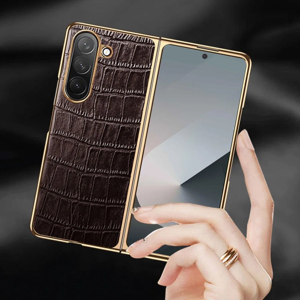 For Samsung Galaxy Z Fold6 5G Case Crocodile Texture Genuine Cow Leather+PC Phone Cover - Black - 2
