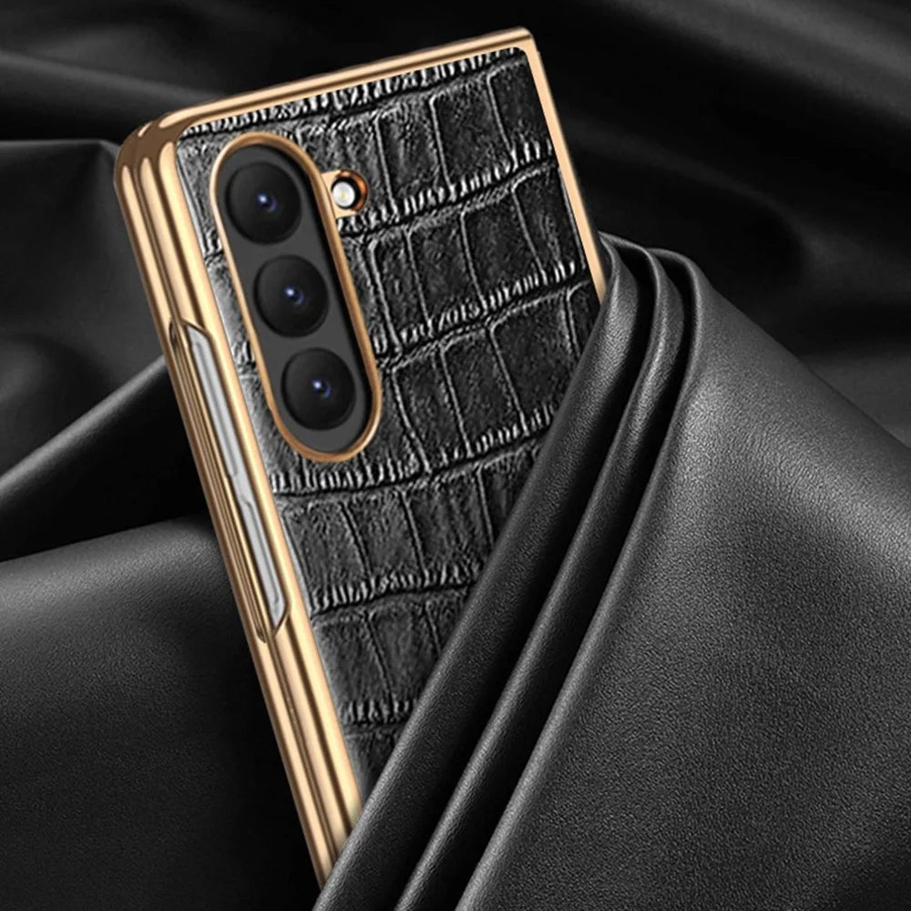 For Samsung Galaxy Z Fold6 5G Case Crocodile Texture Genuine Cow Leather+PC Phone Cover - Black - 5