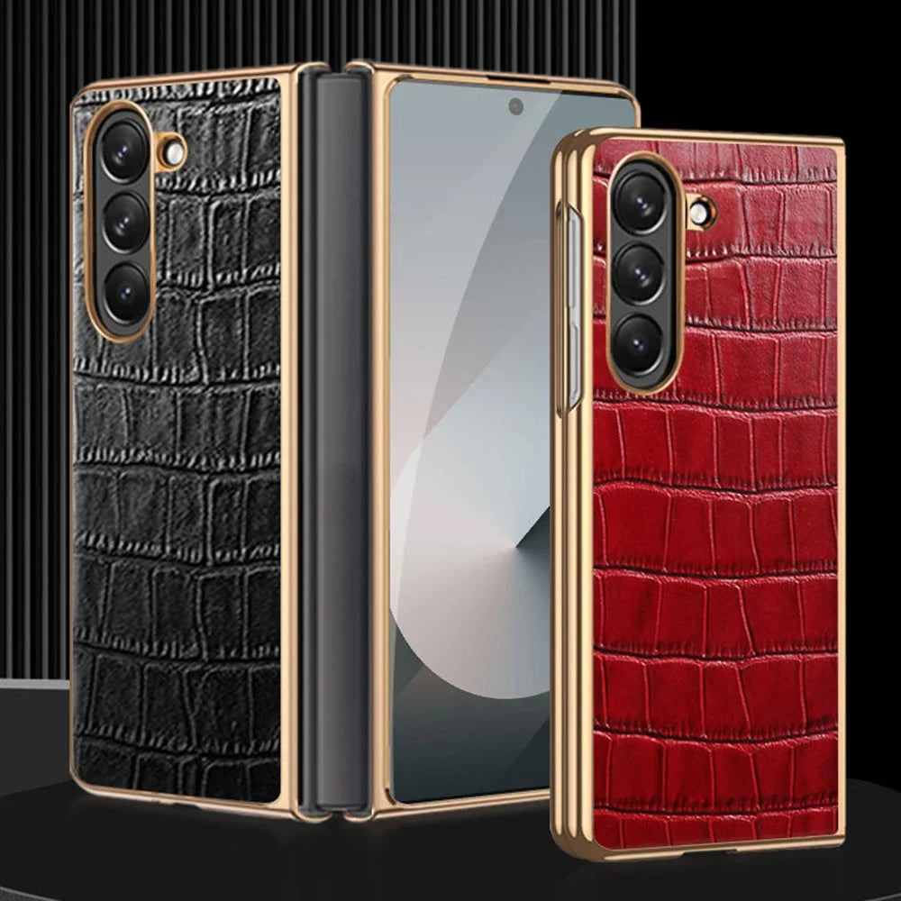 For Samsung Galaxy Z Fold6 5G Case Crocodile Texture Genuine Cow Leather+PC Phone Cover - Black - 6
