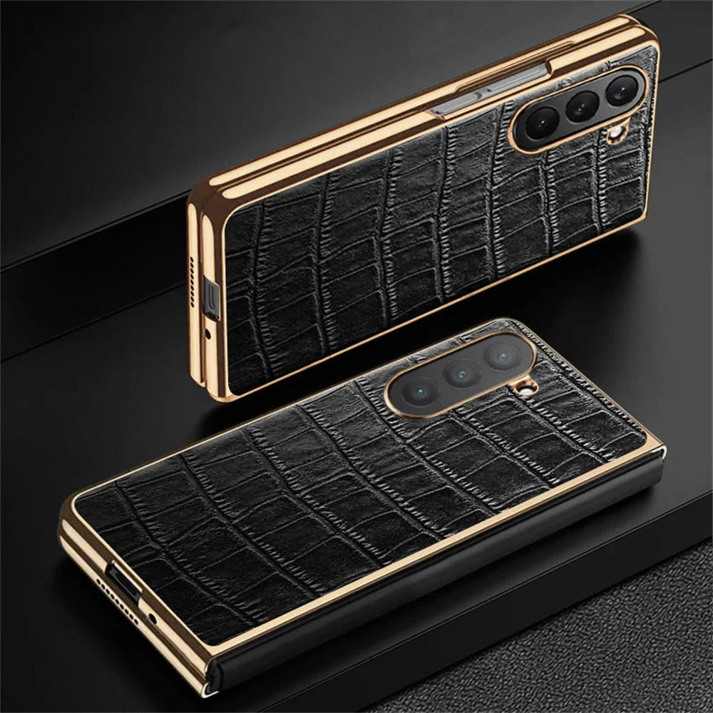 For Samsung Galaxy Z Fold6 5G Case Crocodile Texture Genuine Cow Leather+PC Phone Cover - Black - 7