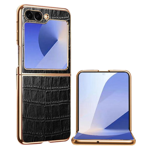 For Samsung Galaxy Z Flip7 FE 5G / Z Flip6 5G Case Crocodile Texture Genuine Cow Leather+PC Phone Cover - Black - 1