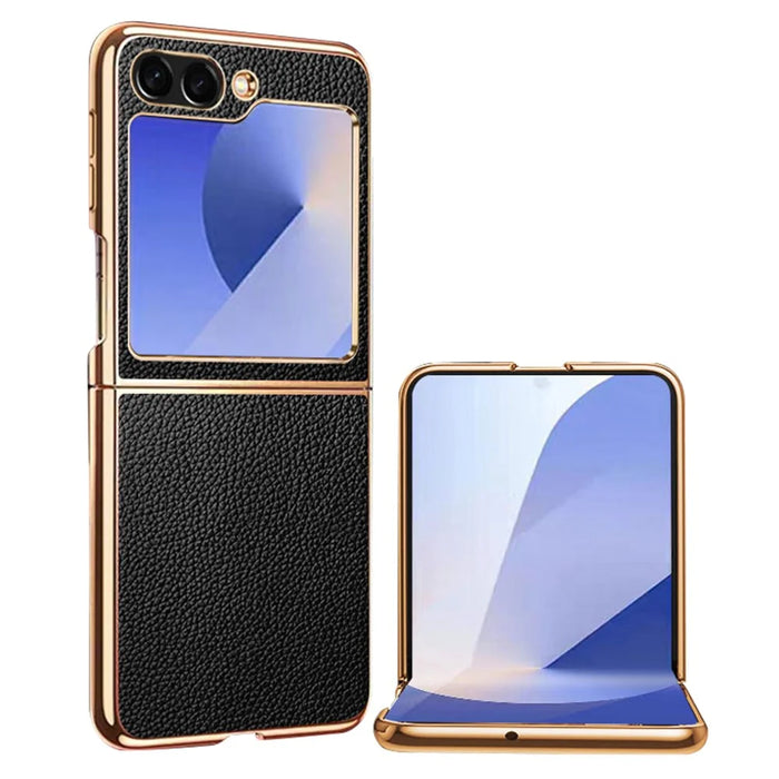 For Samsung Galaxy Z Flip7 FE 5G / Z Flip6 5G Case Litchi Texture Genuine Cow Leather+PC Phone Cover - Black - 1