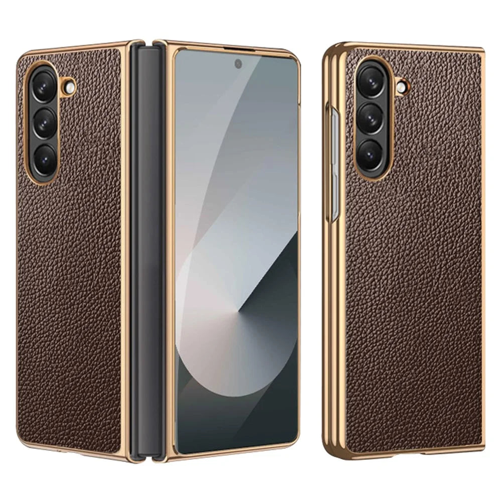 For Samsung Galaxy Z Fold6 5G Case Litchi Texture Genuine Cow Leather+PC Phone Cover - Coffee - 1