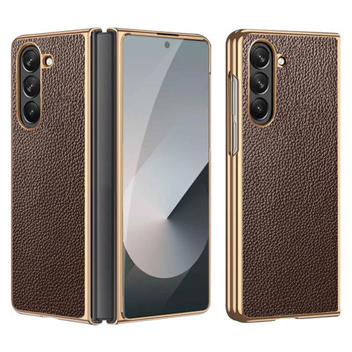 For Samsung Galaxy Z Fold6 5G Case Litchi Texture Genuine Cow Leather+PC Phone Cover - Coffee - 1