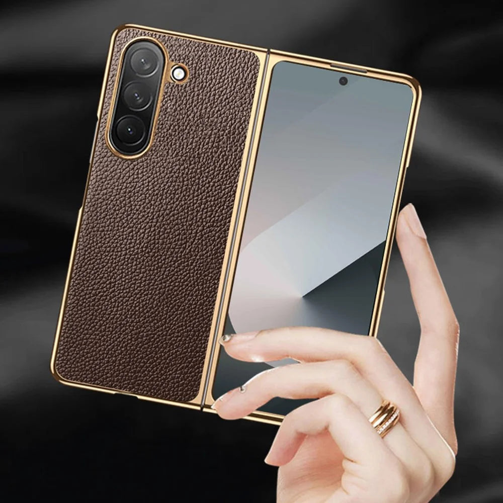 For Samsung Galaxy Z Fold6 5G Case Litchi Texture Genuine Cow Leather+PC Phone Cover - Coffee - 2