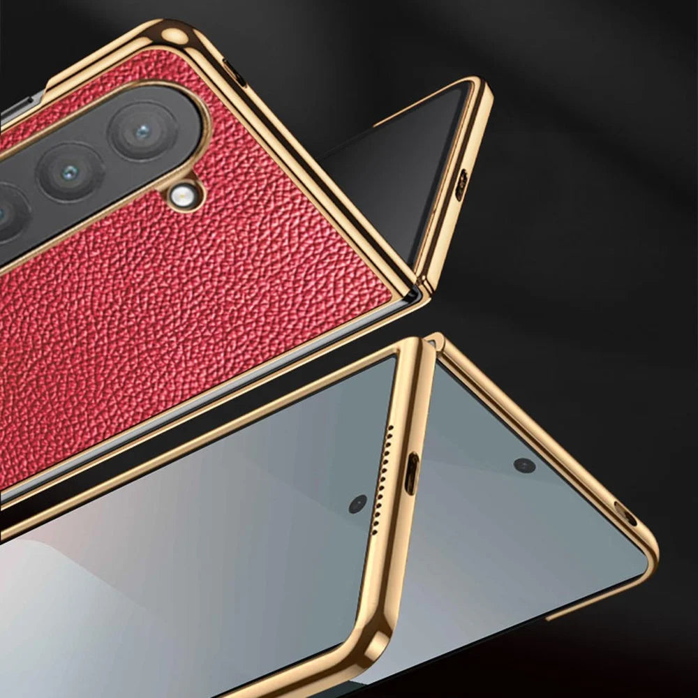 For Samsung Galaxy Z Fold6 5G Case Litchi Texture Genuine Cow Leather+PC Phone Cover - Coffee - 3