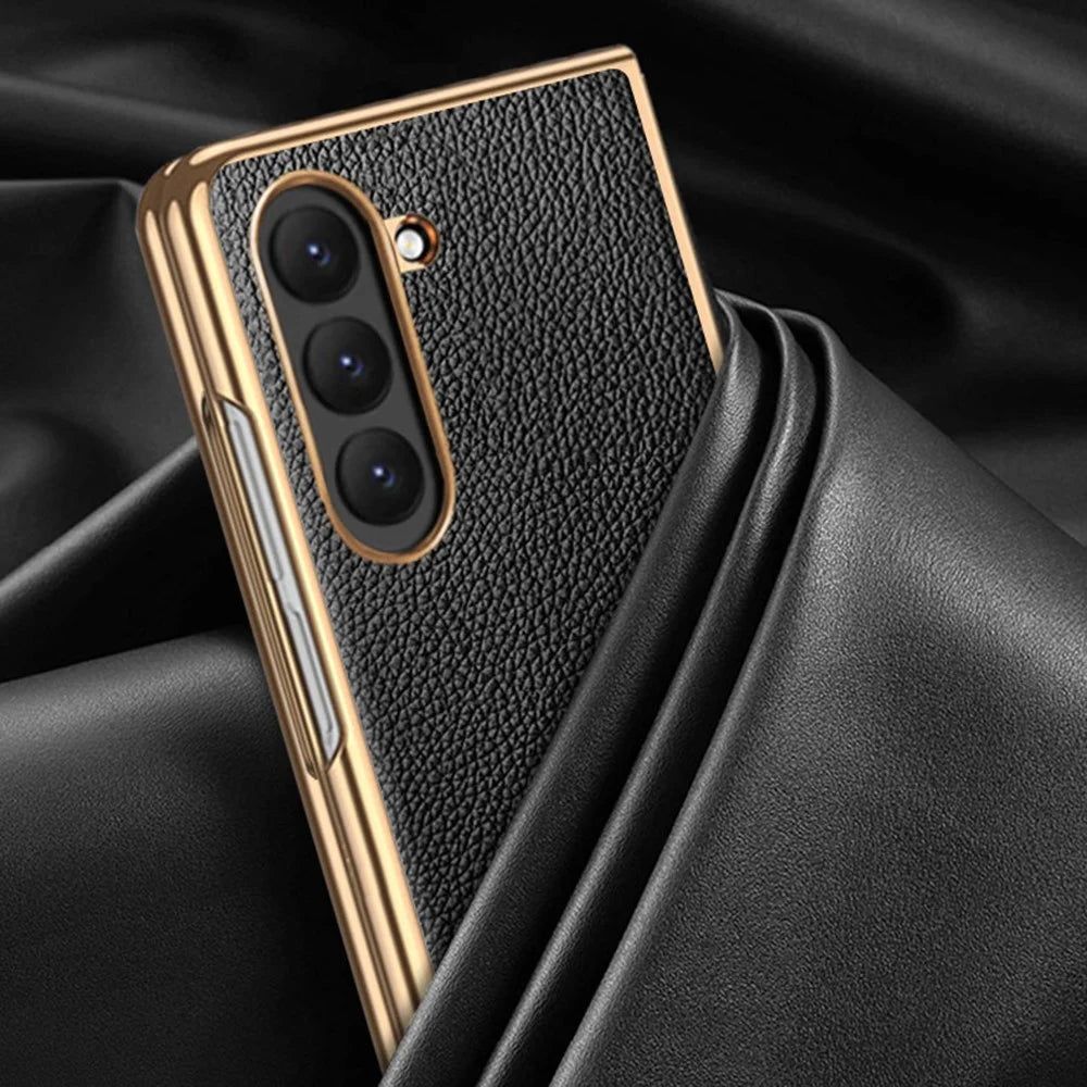 For Samsung Galaxy Z Fold6 5G Case Litchi Texture Genuine Cow Leather+PC Phone Cover - Coffee - 4