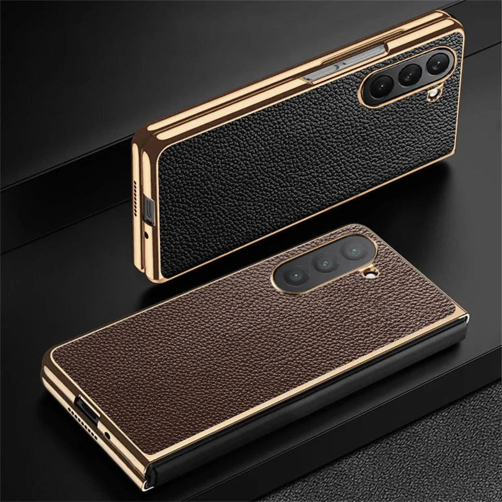 For Samsung Galaxy Z Fold6 5G Case Litchi Texture Genuine Cow Leather+PC Phone Cover - Coffee - 5