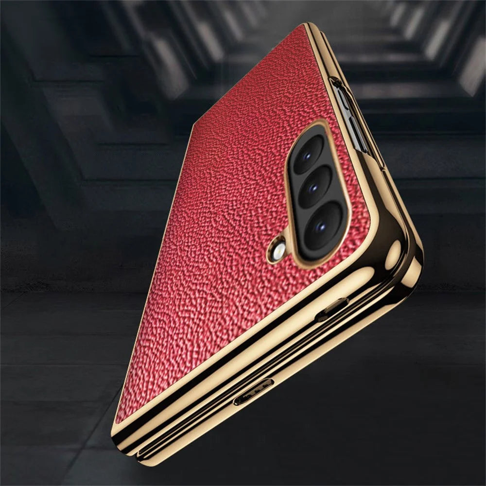 For Samsung Galaxy Z Fold6 5G Case Litchi Texture Genuine Cow Leather+PC Phone Cover - Coffee - 6