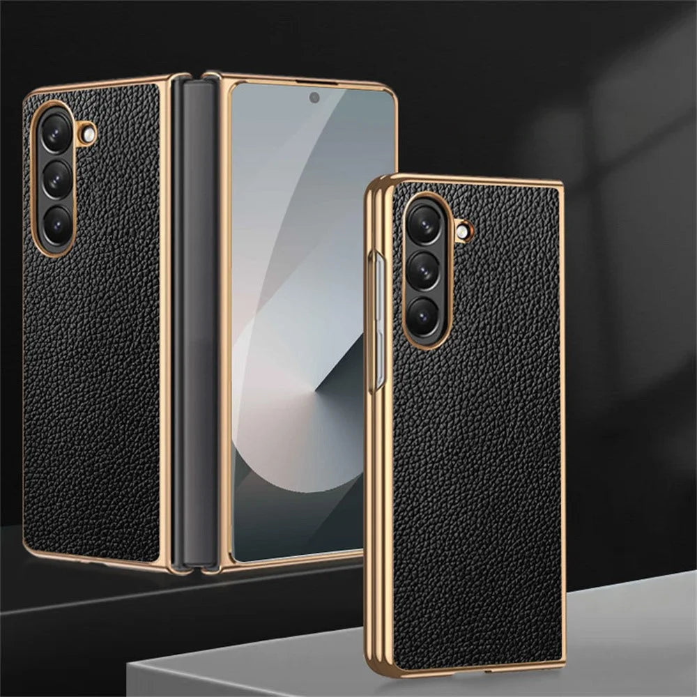 For Samsung Galaxy Z Fold6 5G Case Litchi Texture Genuine Cow Leather+PC Phone Cover - Coffee - 7