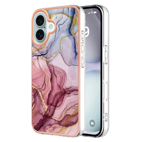 YB IMD Series-16 Style-E For iPhone 16 TPU Case Marble Pattern Electroplating Phone Cover - Rose Gold - 1