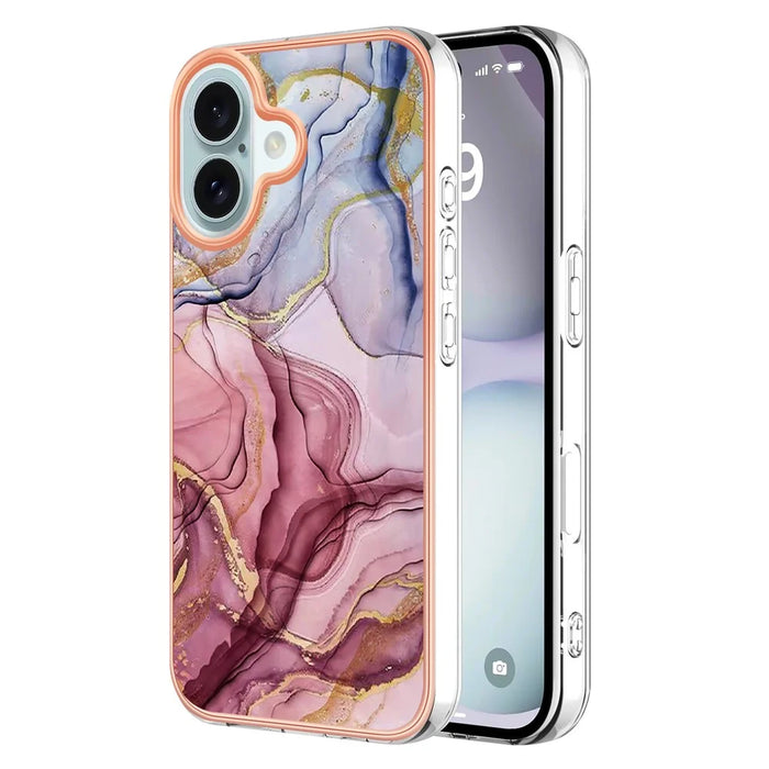 YB IMD Series-16 Style-E For iPhone 16 TPU Case Marble Pattern Electroplating Phone Cover - Rose Gold - 1