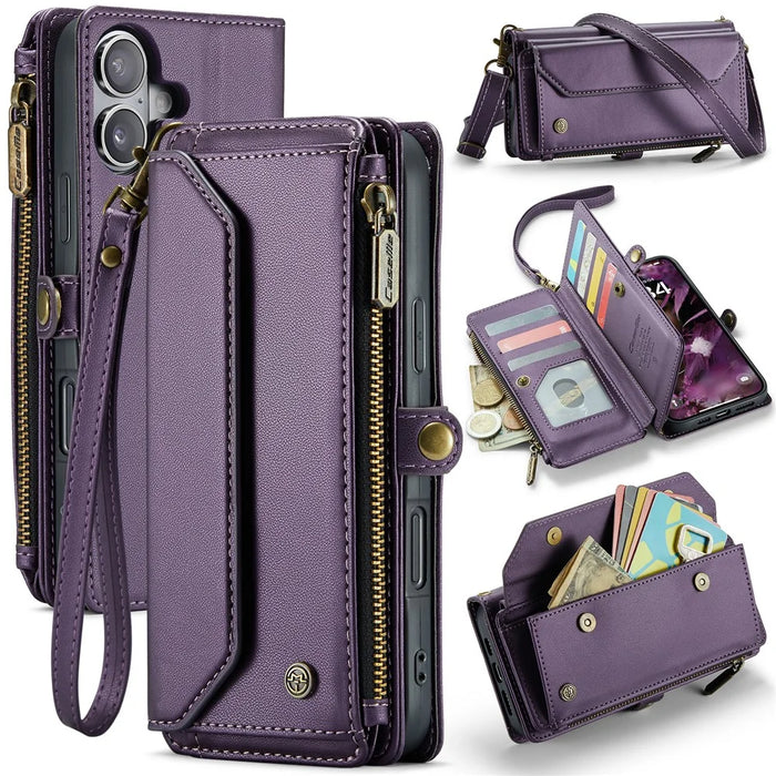For iPhone 16 Leather Case CASEME C36 Zipper Multiple Card Slots Phone Cover with Straps - Purple - 1