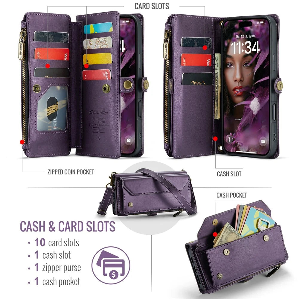 For iPhone 16 Leather Case CASEME C36 Zipper Multiple Card Slots Phone Cover with Straps - Purple - 4