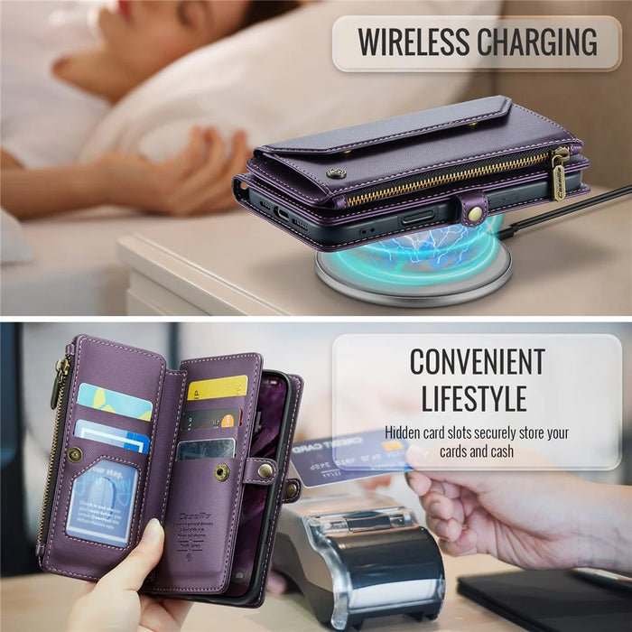 For iPhone 16 Leather Case CASEME C36 Zipper Multiple Card Slots Phone Cover with Straps - Purple - 7