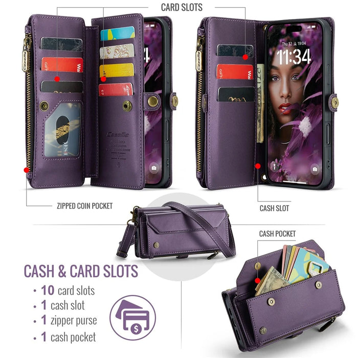 For iPhone 16 Plus Leather Case CASEME C36 Zipper Multiple Card Slots Phone Cover with Straps - Purple - 4